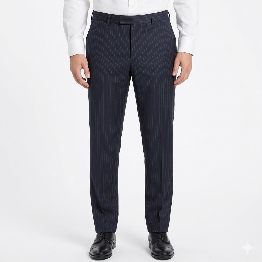 Guabello Biella Italy Wool Pinstripe Suit Pants Men 33x30 Navy Blue Pleated